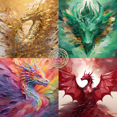 Gold, Green, Ruby and Rainbow Dragons with Venus Logo in the center Seasonal Dragon Activation Series